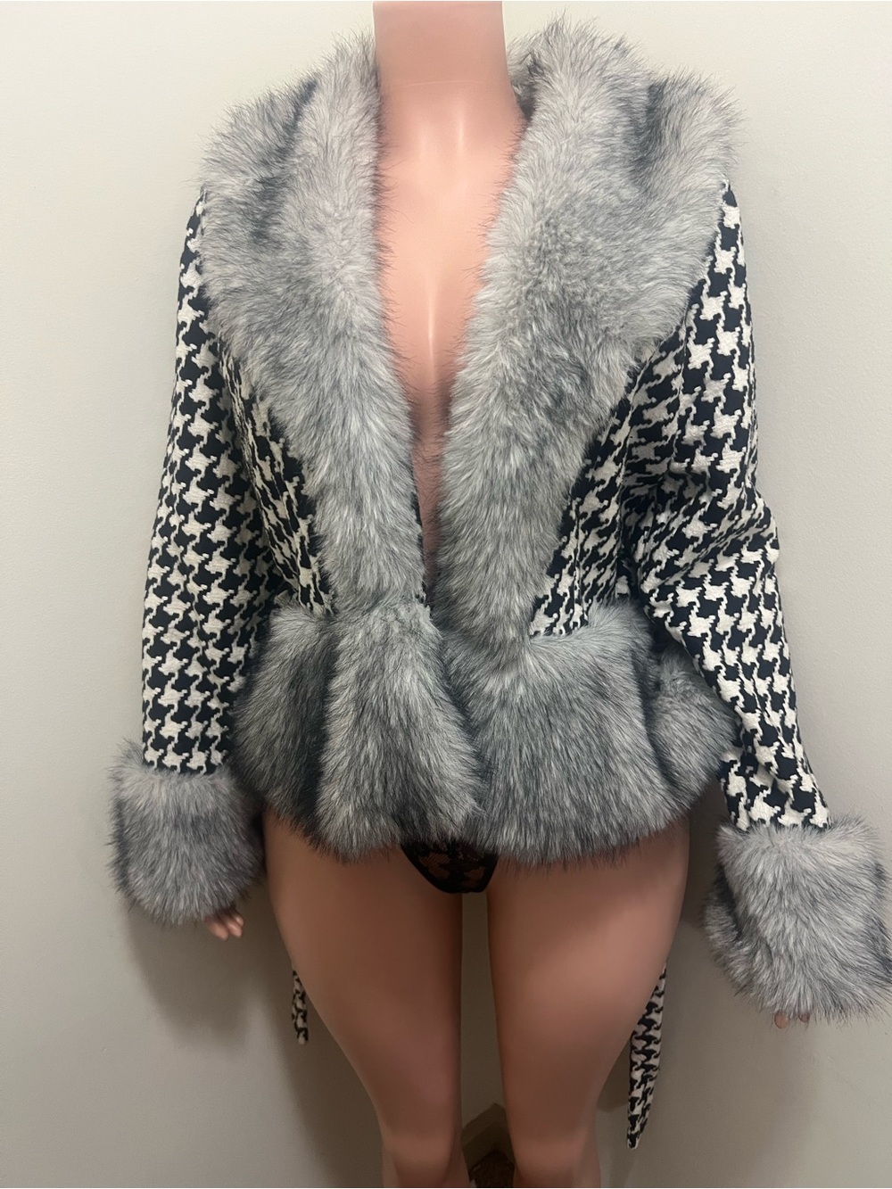 Black & White Houndstooth Jacket with Gray Faux Fur Trim